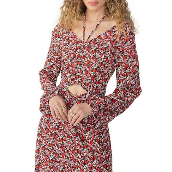 Sanctuary Dress 20W Floral Chiffon Halter Neck Long Sleeve Cutout Midi Red‎ NWT - Picture 3 of 14